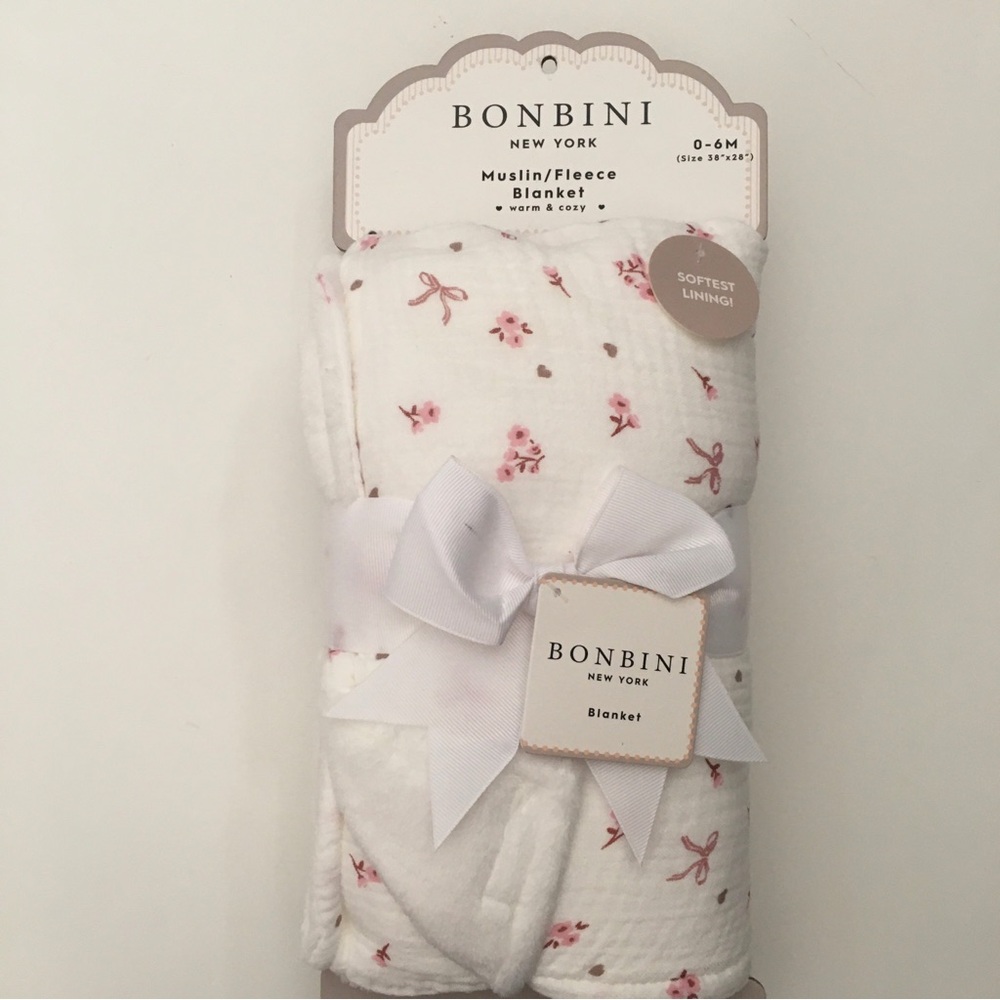 Baby Blanket Muslin Cotton Pink Floral and Bows Soft Lining NEW | Bonbini